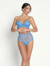 Model wearing 'Sublime en Dentelle' Azure Blue Contour Bra, by Lise Charmel (front view).