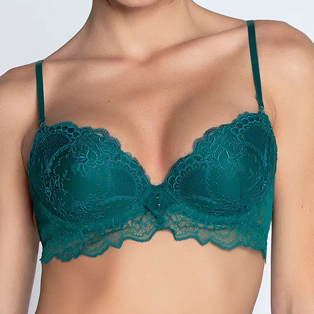 Model wearing 'Sublime en Dentelle' Viridian Green Padded Plunge Bra, by Lise Charmel.