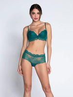 Model wearing 'Sublime en Dentelle' Viridian Green Padded Plunge Bra, by Lise Charmel.