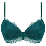 'Sublime en Dentelle' Viridian Green Padded Plunge Bra, by Lise Charmel (pack shot, front).