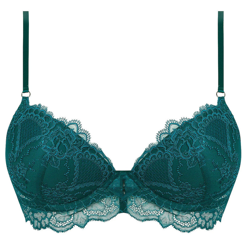 'Sublime en Dentelle' Viridian Green Padded Plunge Bra, by Lise Charmel (pack shot, front).