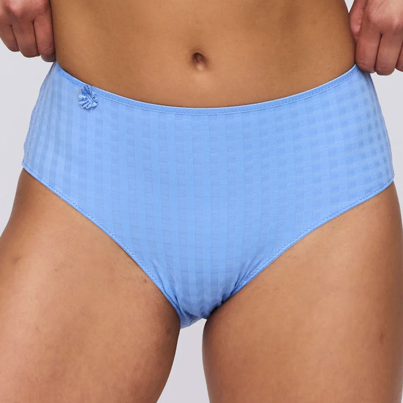 Model wearing 'Avero' Pastel Blue Full Brief, by Marie Jo (front view).