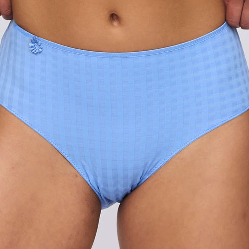 Model wearing 'Avero' Pastel Blue Full Brief, by Marie Jo (front view, close-up).