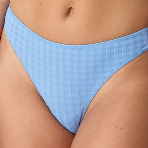 Model wearing 'Avero' Pastel Blue Thong, by Marie Jo (front view, close-up).