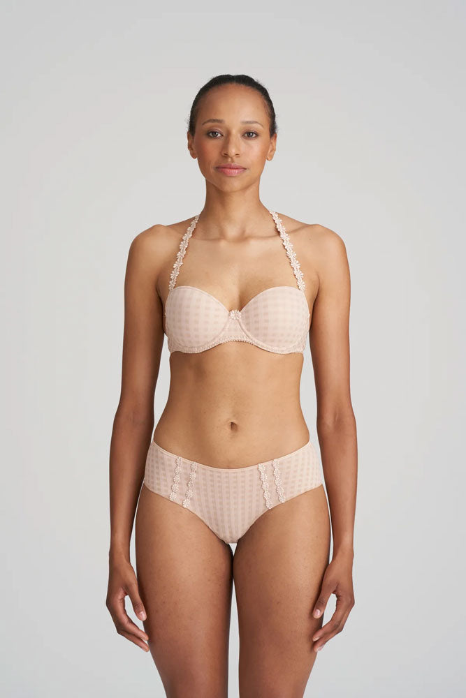 Model wearing 'Avero' Pearly Caffé Latte Padded Balcony Bra (halterneck style), by Marie Jo.