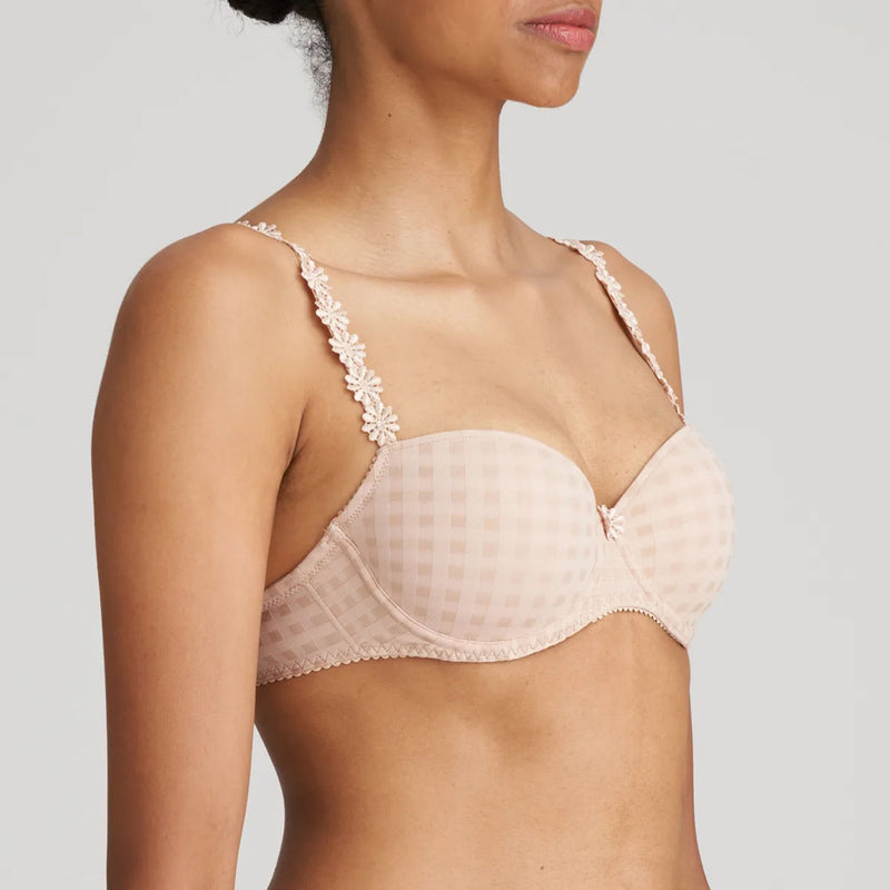 Model wearing 'Avero' Pearly Caffé Latte Padded Balcony Bra, by Marie Jo (side view).