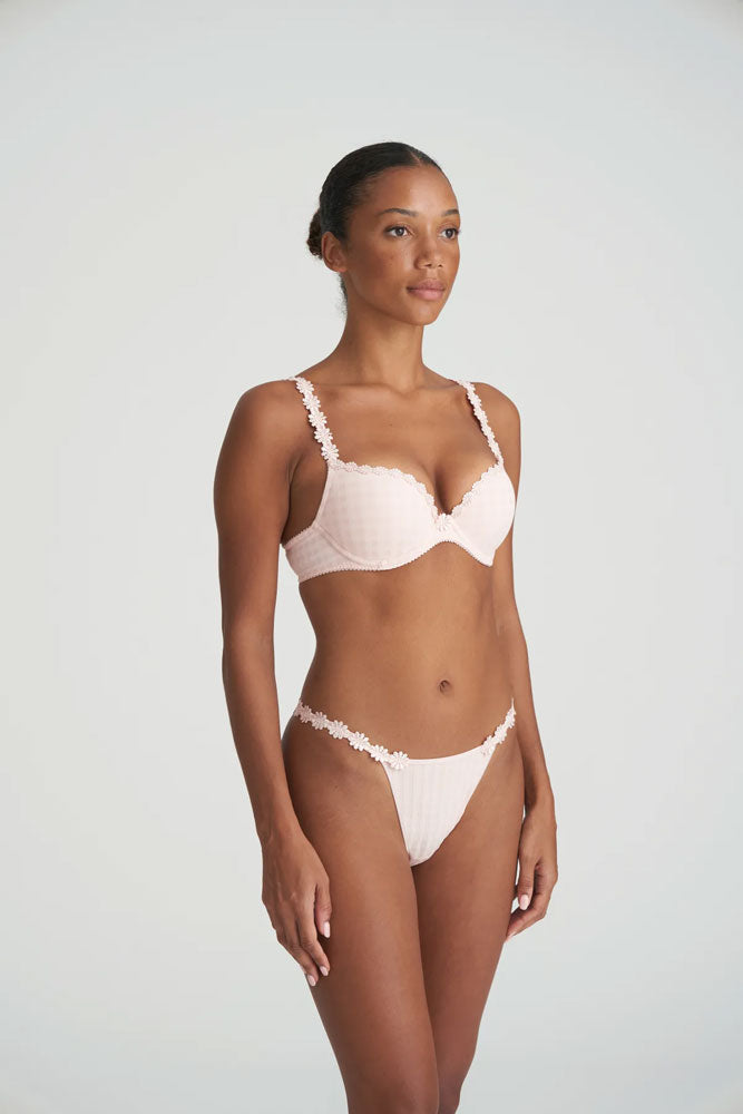 Model wearing 'Avero' Pearly Pink Push-Up Plunge Bra, by Marie Jo (side view).