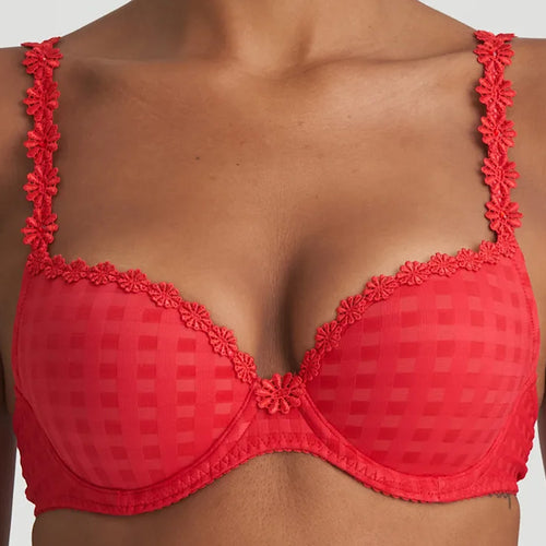 Model wearing 'Avero' Scarlet Push-Up Plunge Bra, by Marie Jo (front view, close up).