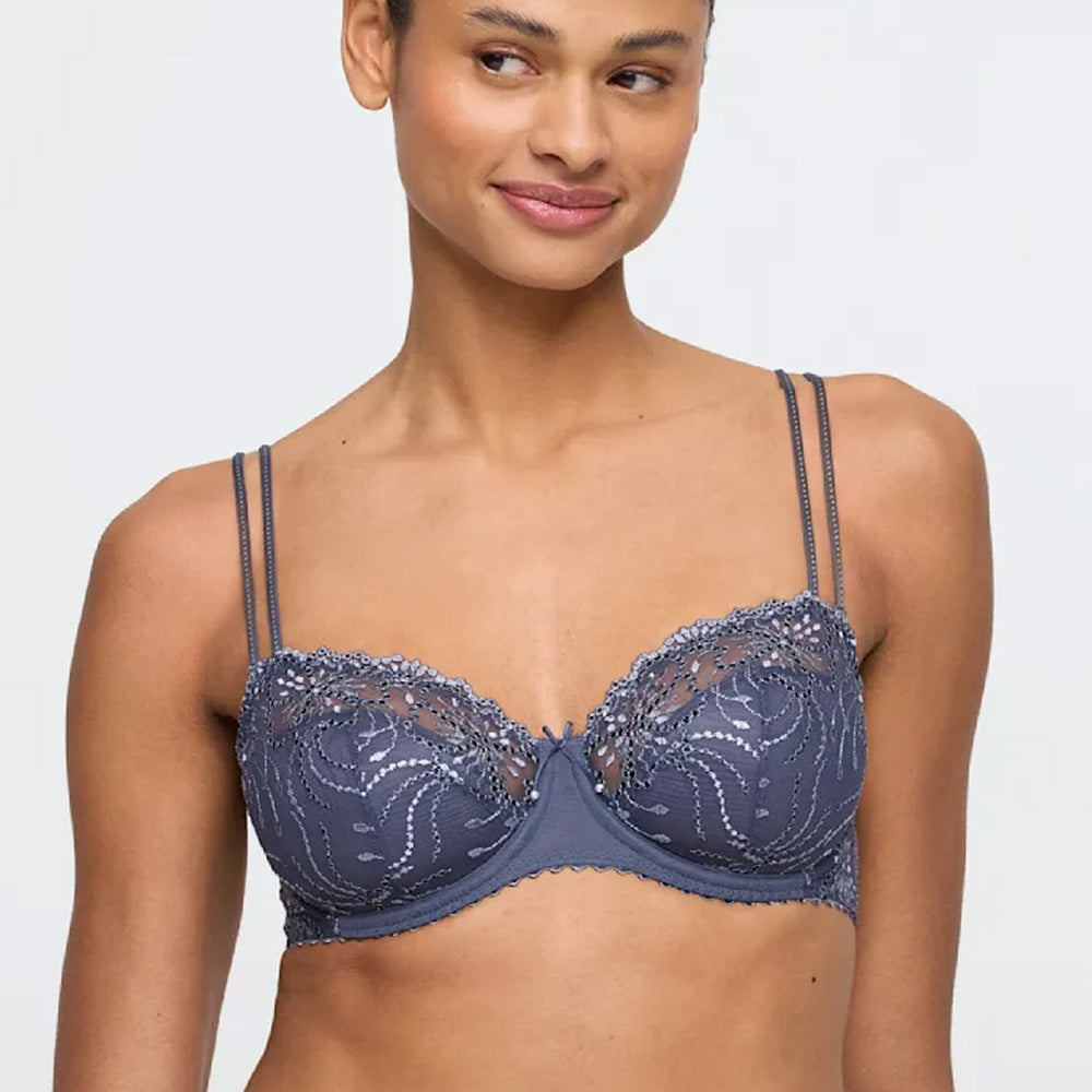 Model wearing 'Jane' Blue Shadow Half Padded Balcony Bra, by Marie Jo (front view, close up).