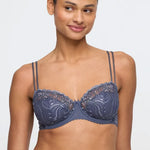 Model wearing 'Jane' Blue Shadow Half Padded Balcony Bra, by Marie Jo (front view, close up).