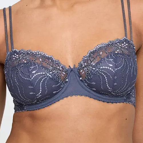 Model wearing 'Jane' Blue Shadow Half Padded Balcony Bra, by Marie Jo (front view, close up).