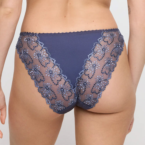 Model wearing 'Jane' Blue Shadow Italian Brief, by Marie Jo (back view, close up).