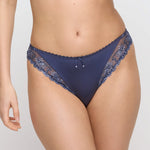 Model wearing 'Jane' Blue Shadow Italian Brief, by Marie Jo (front view, close up).
