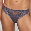 Model wearing 'Jane' Blue Shadow Thong, by Marie Jo (front view, close up).