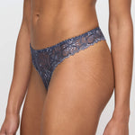 Model wearing 'Jane' Blue Shadow Thong, by Marie Jo (side view, close up).