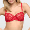 Model wearing 'Jane' Red Balconette Bra with Horizontal Seam, by Marie Jo (front view).