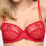 Model wearing 'Jane' Red Balconette Bra with Horizontal Seam, by Marie Jo (front view, close up).