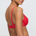 Model wearing 'Jane' Red Push-Up Plunge Bra with Removable Pads, by Marie Jo (back view).