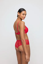 Model wearing 'Jane' Red Push-Up Plunge Bra with Removable Pads, by Marie Jo (back view).