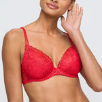 Model wearing 'Jane' Red Push-Up Plunge Bra with Removable Pads, by Marie Jo (front view).