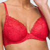 Model wearing 'Jane' Red Push-Up Plunge Bra with Removable Pads, by Marie Jo (front view, close up).