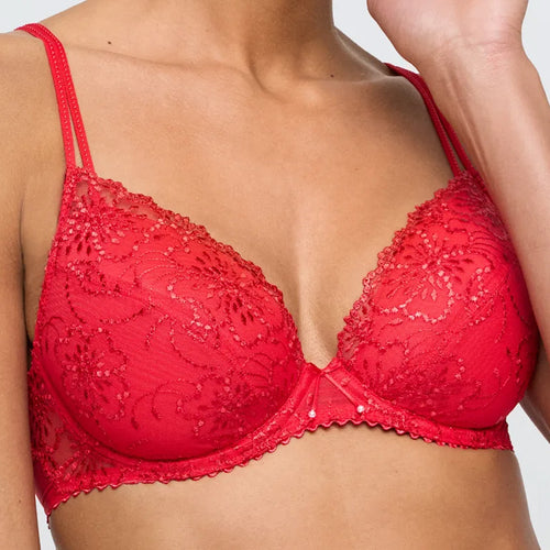 Model wearing 'Jane' Red Push-Up Plunge Bra with Removable Pads, by Marie Jo (front view, close up).