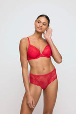 Model wearing 'Jane' Red Push-Up Plunge Bra with Removable Pads, by Marie Jo (front view).