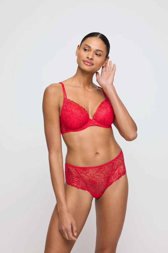 Model wearing 'Jane' Red Push-Up Plunge Bra with Removable Pads, by Marie Jo (front view).