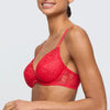 Model wearing 'Jane' Red Push-Up Plunge Bra with Removable Pads, by Marie Jo (side view).