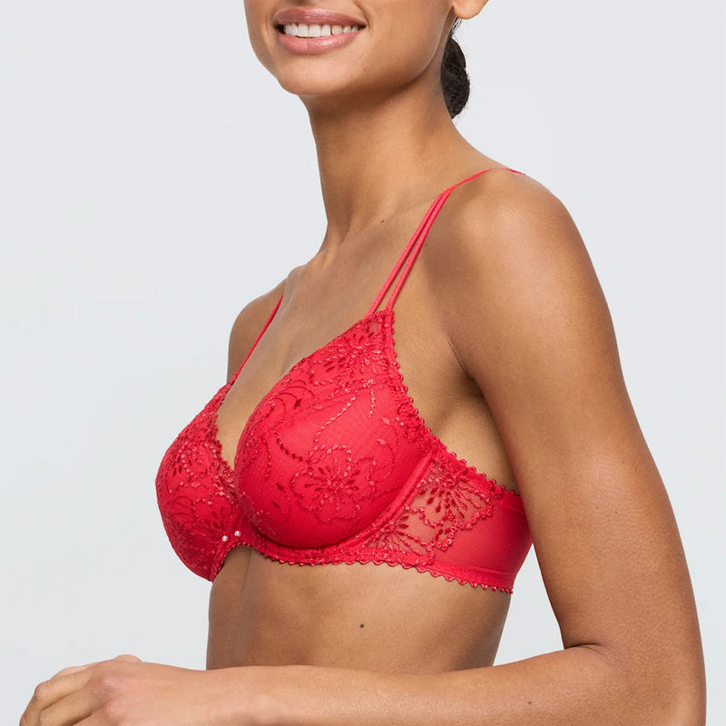 Model wearing 'Jane' Red Push-Up Plunge Bra with Removable Pads, by Marie Jo (side view).