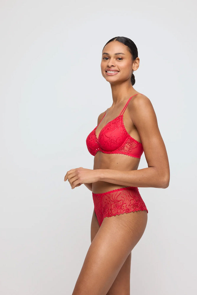 Model wearing 'Jane' Red Push-Up Plunge Bra with Removable Pads, by Marie Jo (side view).