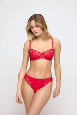 Model wearing 'Jane' True Red Italian Brief, by Marie Jo (front view).