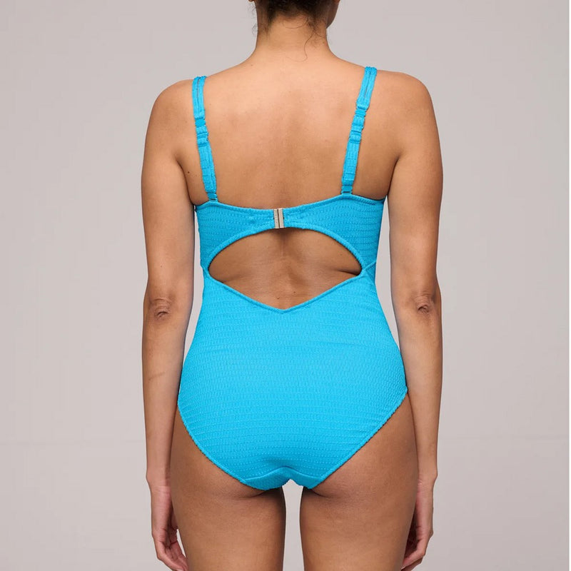 Model wearing 'Cherilyn' Full Cup Swimsuit, by Marie Jo (back view with over-the-shoulder straps).