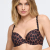 Model wearing Marie Jo L'Aventure 'Tom' Fauve (Animal Print) Padded Plunge Bra (front view, close up).
