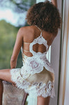 Model wearing 'Artemis' Gold and Ivory Short Silk Nightie, by Marjolaine (back view).