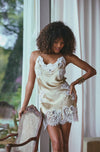 Model wearing 'Artemis' Gold and Ivory Short Silk Nightie, by Marjolaine (front view).