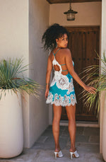 Model wearing 'Artemis' Turquoise and Ivory Short Silk Nightie, by Marjolaine (back view).