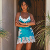 Model wearing 'Artemis' Turquoise and Ivory Short Silk Nightie, by Marjolaine (front view).