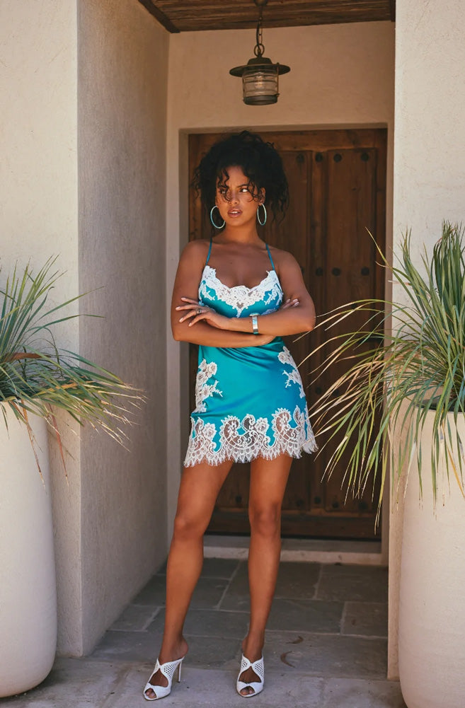 Model wearing 'Artemis' Turquoise and Ivory Short Silk Nightie, by Marjolaine (front view).