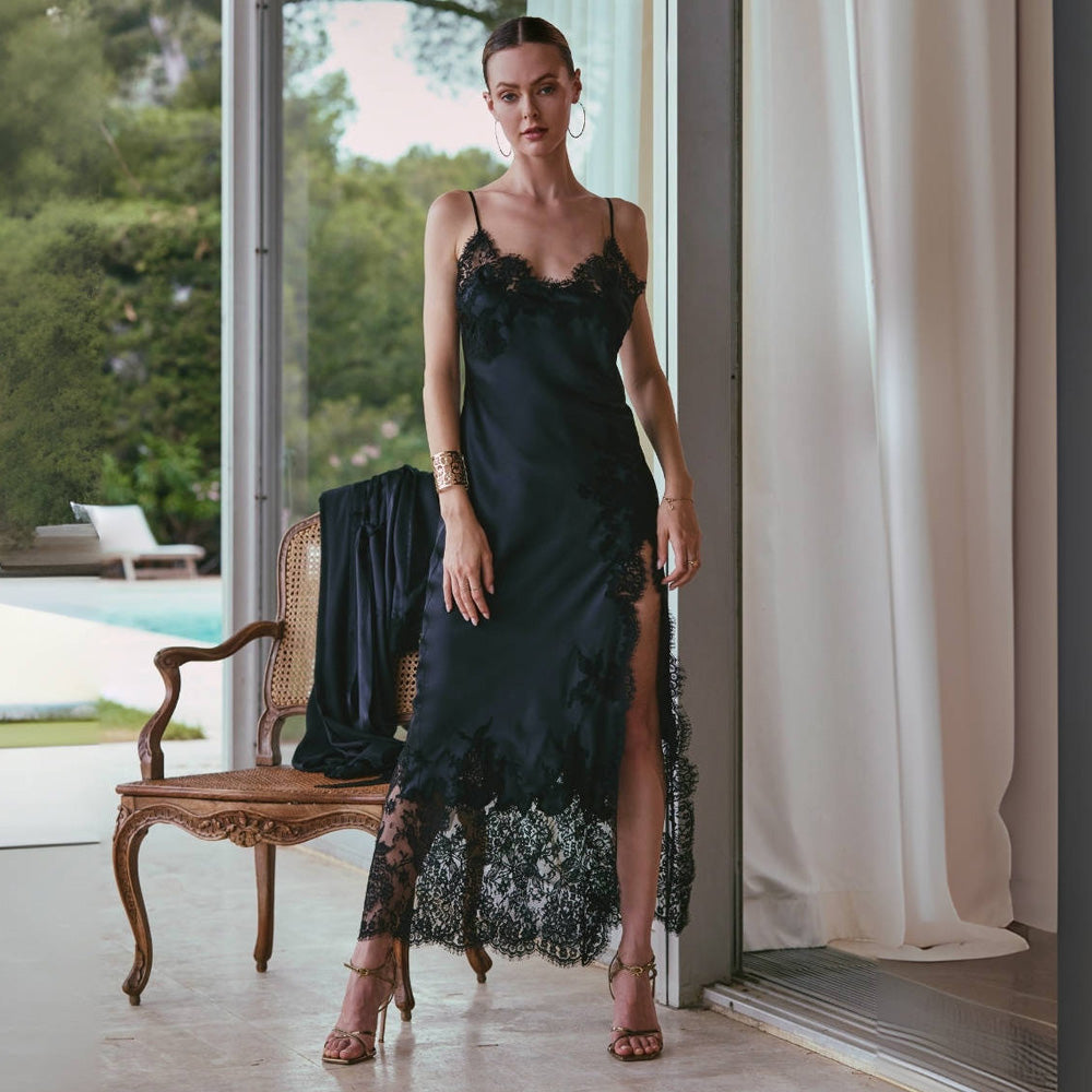 Model wearing 'Appoline' Long Slit Black Silk and Lace Nightie, by Marjolaine (front view).
