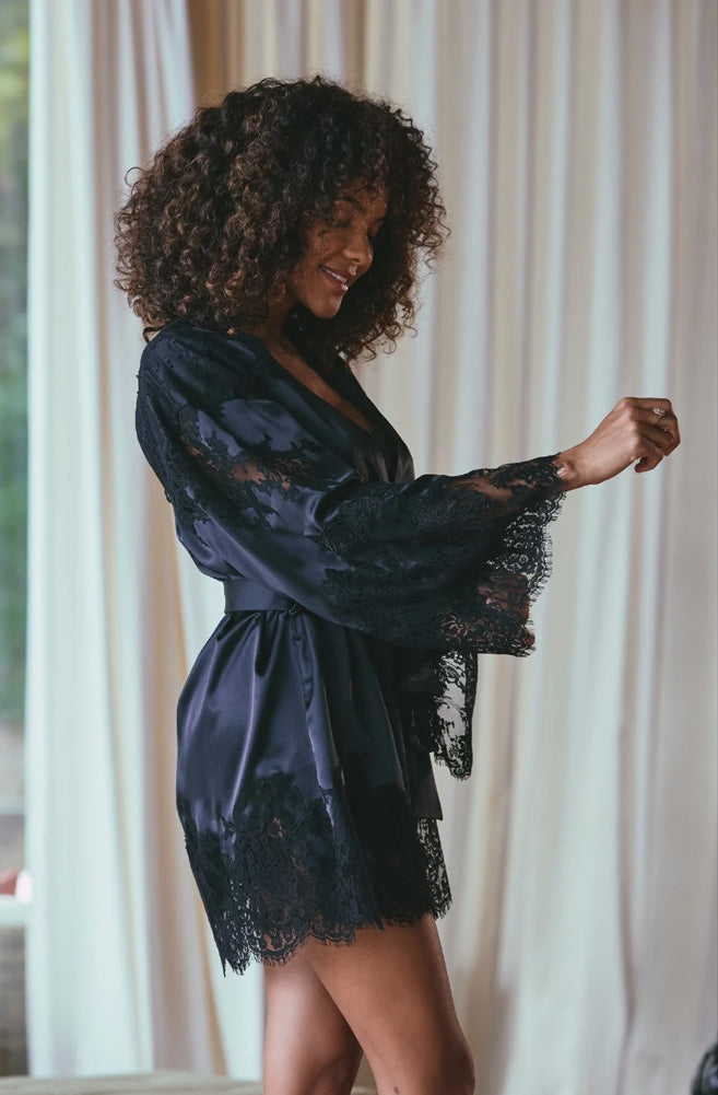 Marjolaine 'Appoline' Short Black Silk and Lace Dressing Gown | Sandra Dee Marjolaine 'Appoline' Short Black Silk and Lace Dressing Gown | Sandra Dee