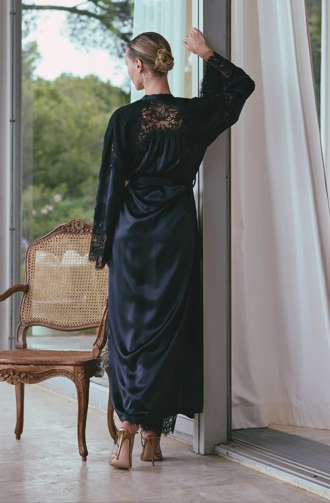 'Appoline' Long Black Silk and Lace Dressing Gown, by Marjolaine (back view).