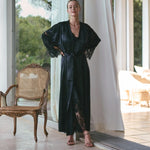 'Appoline' Long Black Silk and Lace Dressing Gown, by Marjolaine (front view).