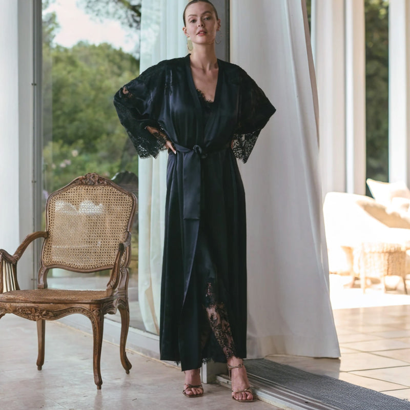 'Appoline' Long Black Silk and Lace Dressing Gown, by Marjolaine (front view).