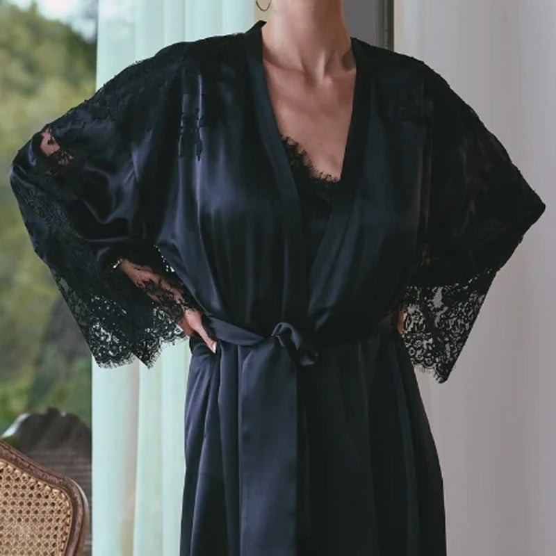 'Appoline' Long Black Silk and Lace Dressing Gown, by Marjolaine (front view, close up).