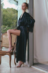 'Appoline' Long Black Silk and Lace Dressing Gown, by Marjolaine (side view).