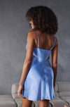 Model wearing 'Betty' Blue Silk Chemise, by Marjolaine (back view).