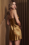 Model wearing 'Bénédicte' Hazelnut Short Silk Nightie, by Marjolaine (back view).