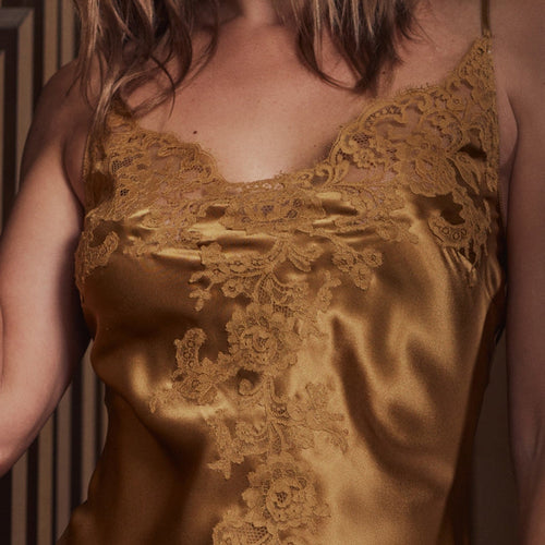 Model wearing 'Bénédicte' Hazelnut Short Silk Nightie, by Marjolaine (front view, close up).