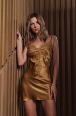Model wearing 'Bénédicte' Hazelnut Short Silk Nightie, by Marjolaine (front view).